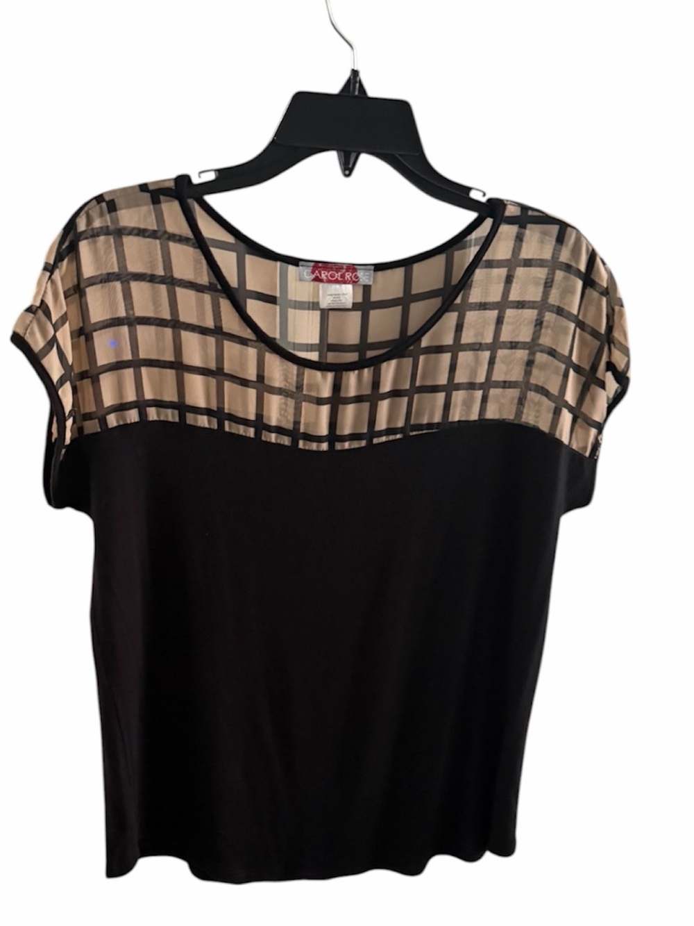 Carol Rose Black Tee with Sheer Windowpane Grid Yoke